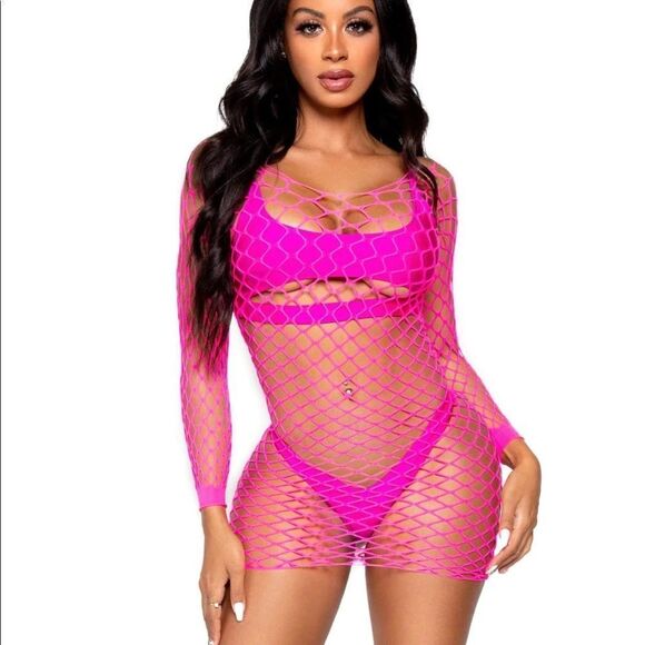 NEON  pink fishnet long sleeve cover up - Picture 1 of 4